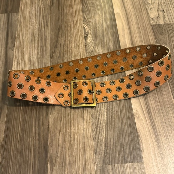 Vintage Genuine Leather Brass Buckle Multiple Grommets Suede Adjustable Belt - Picture 3 of 12